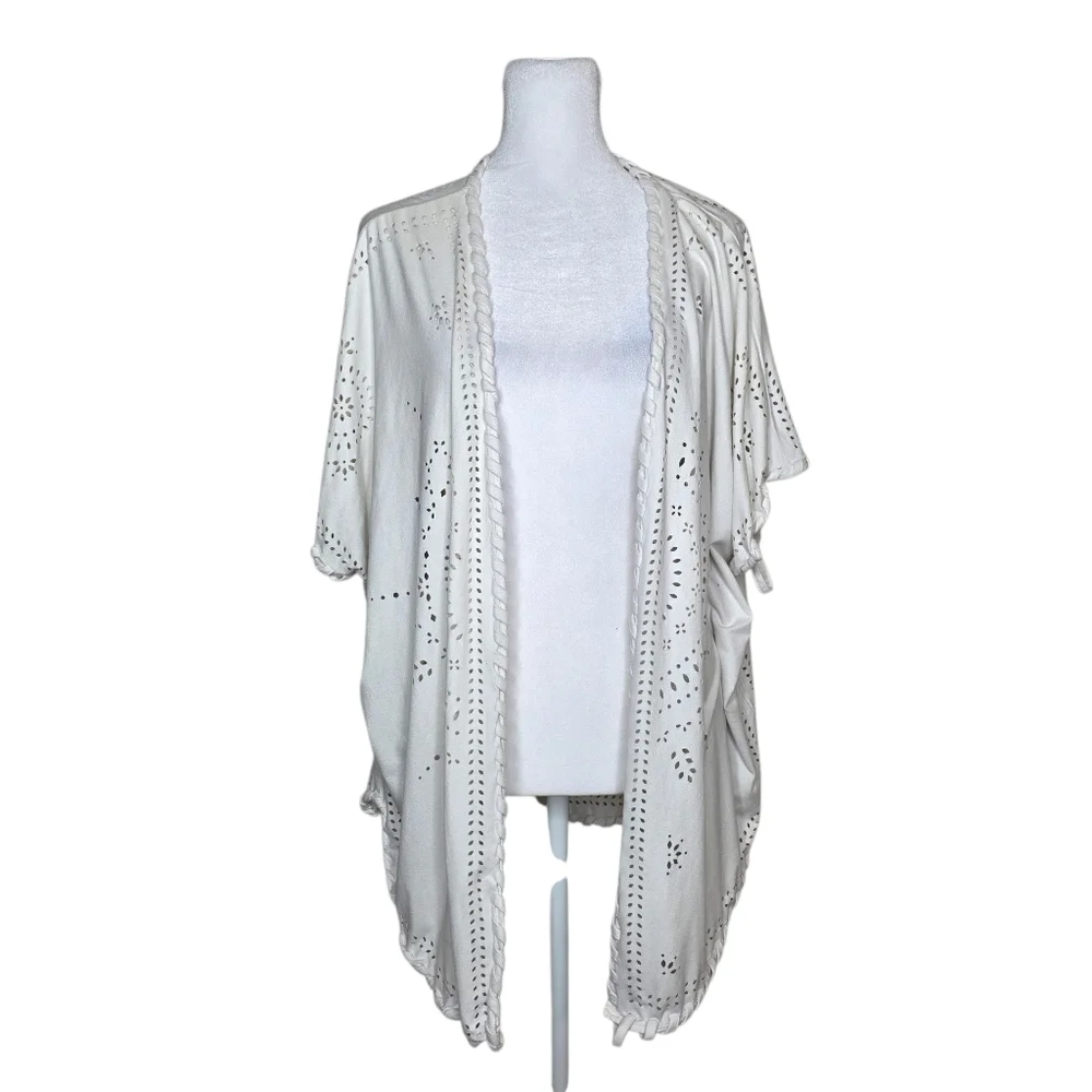 CATO womens Ivory Eyelet Open Front Kimono Boho Style Short Sleeve Size XL - Picture 1 of 9